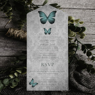 Teal Vintage Butterfly Damask Wedding All In One Invitation