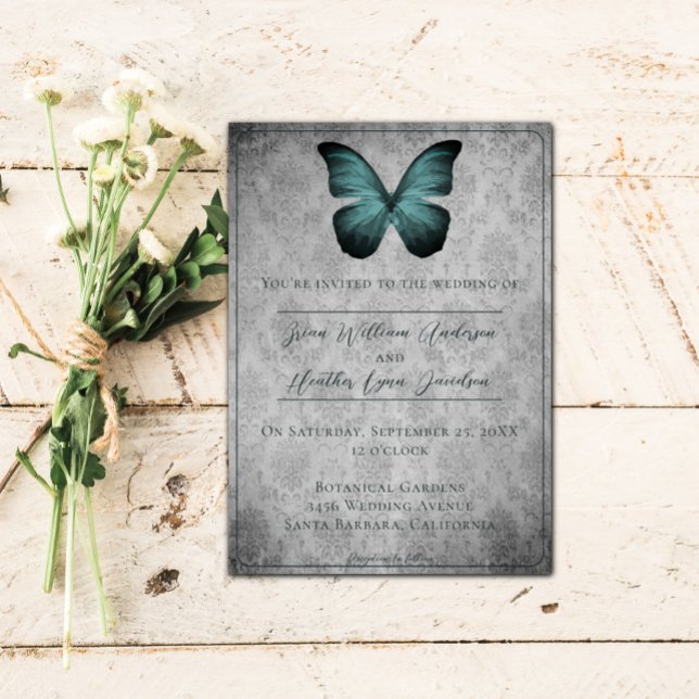 Teal Vintage Butterfly Damask Wedding Invitation (Teal Vintage Butterfly Damask Wedding Invitation)