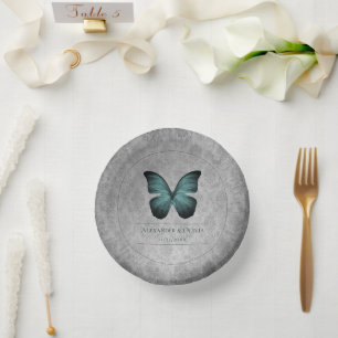 Teal Vintage Butterfly Damask Wedding Paper Plate