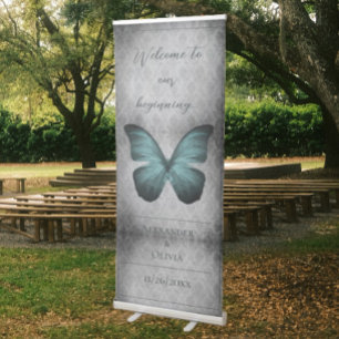 Teal Vintage Butterfly Damask Wedding Retractable Banner