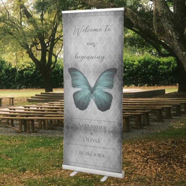 Teal Vintage Butterfly Damask Wedding Retractable Banner (Teal Vintage Butterfly Damask Wedding Welcome Banner)