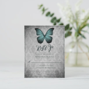 Teal Vintage Butterfly Damask Wedding RSVP Card