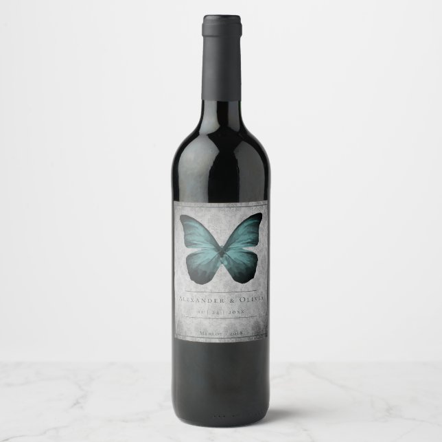 Teal Vintage Butterfly Damask Wedding Wine Label (Front)