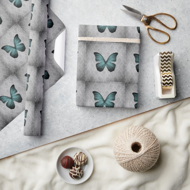 Teal Vintage Butterfly Damask Wrapping Paper (Crafts)
