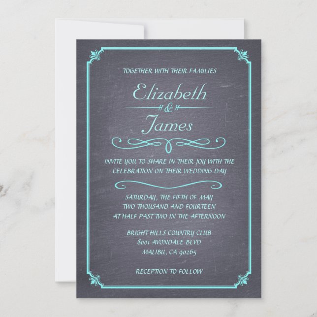 Teal Vintage Chalkboard Wedding Invitations (Front)