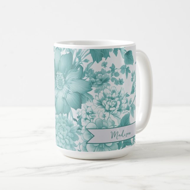 Teal Vintage Chinoiserie Floral Personalised Coffee Mug (Front Right)