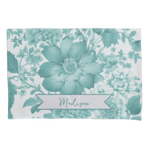 Teal Vintage Chinoiserie Floral Personalised Pillowcase