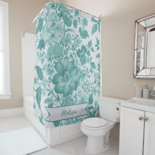 Teal Vintage Chinoiserie Floral Personalised Shower Curtain