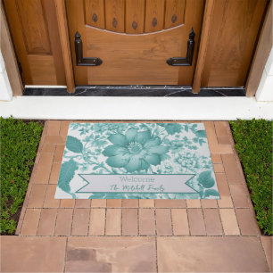 Teal Vintage Chinoiserie Floral Personalized Doormat