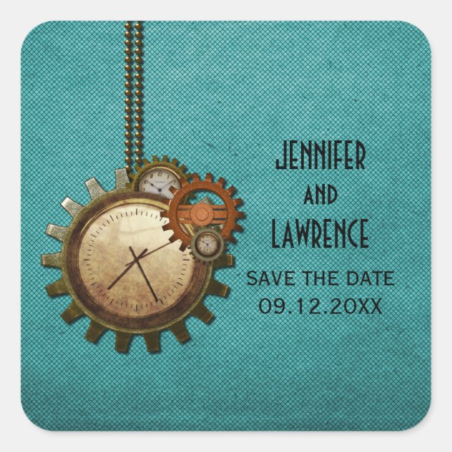 Teal Vintage Clock Save the Date Stickers (Front)