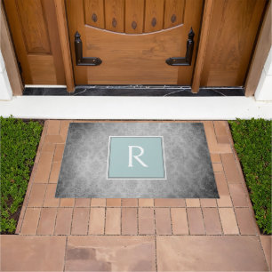 Teal Vintage Damask Monogram Doormat