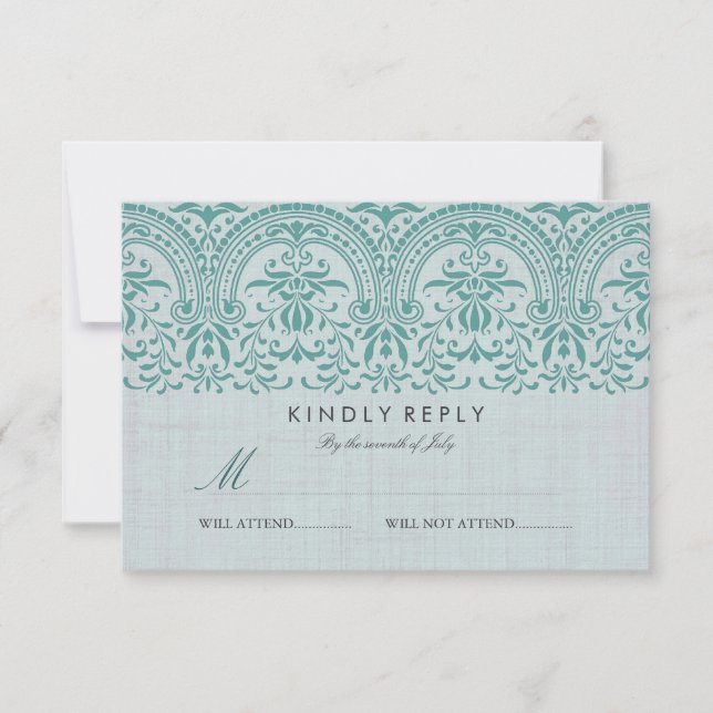 Teal Vintage Damask Wedding RSVP (Front)