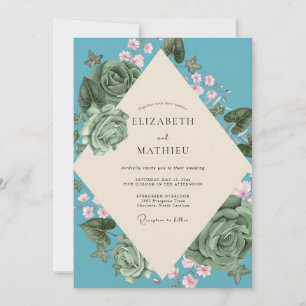 Teal Vintage Foliage Eucalyptus Wedding Invitation