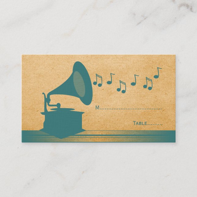 Teal Vintage Gramophone Place Card (Front)