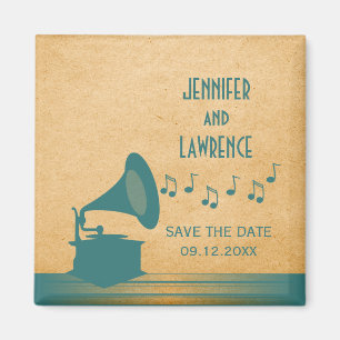 Teal Vintage Gramophone Save the Date Magnet