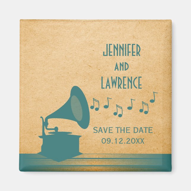 Teal Vintage Gramophone Save the Date Magnet (Front)
