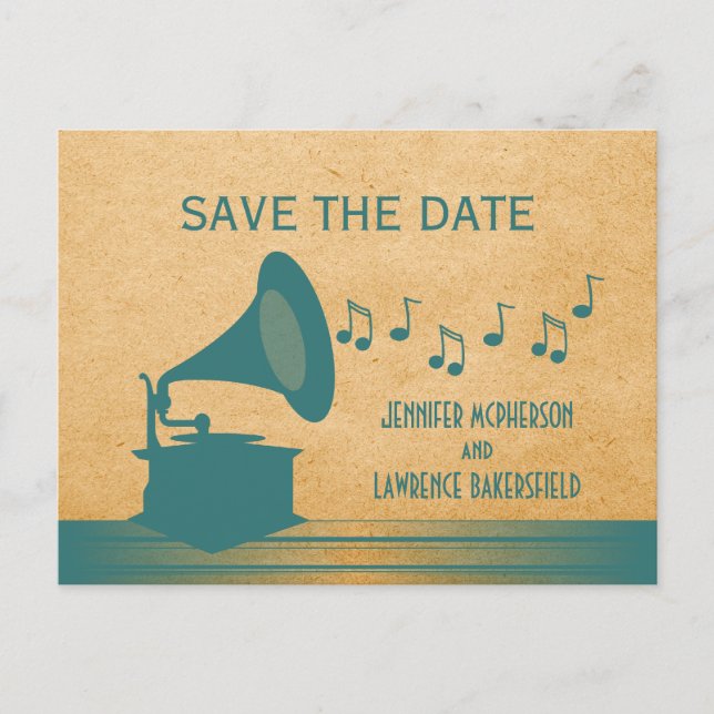 Teal Vintage Gramophone Save the Date Postcard (Front)