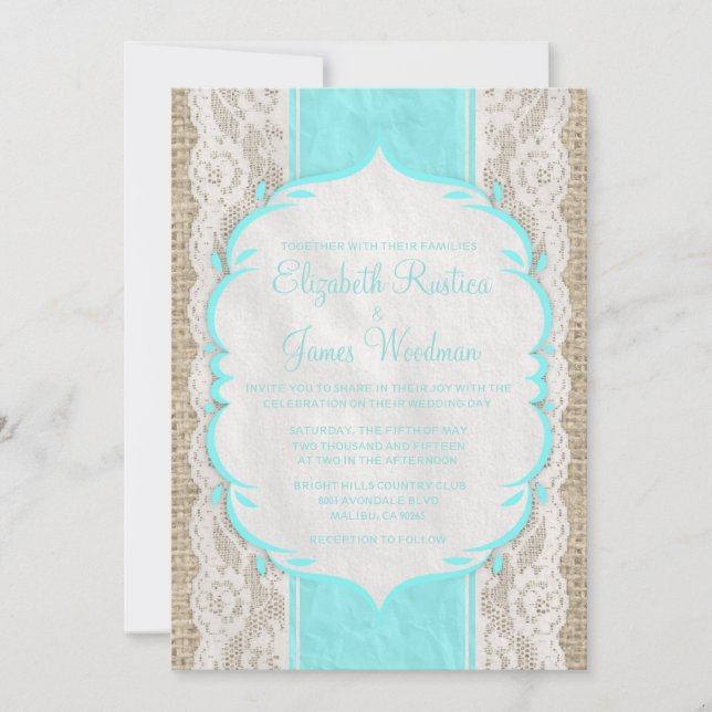 Teal Vintage Linen Burlap Lace Wedding Invitations (Front)