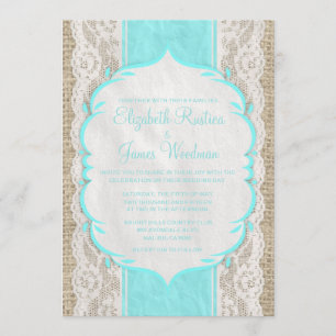 Teal Vintage Linen Burlap Lace Wedding Invitations
