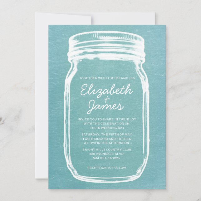 Teal Vintage Mason Jar Wedding Invitations (Front)