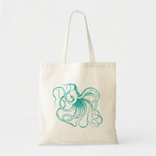 Teal Vintage Octopus Illustration Tote Bag