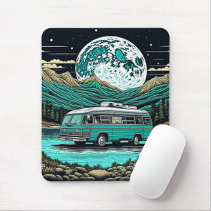 Teal Vintage RV Camper in the Mountains Retro Mouse Mat