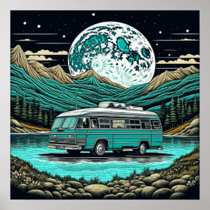 Teal Vintage RV Camper in the Mountains Retro Poster