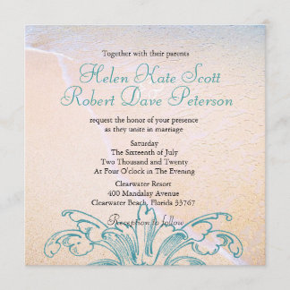 Teal Vintage Sea Shell Scroll Beach Wedding Invite