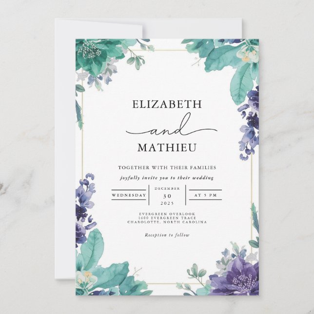 Teal & Violet Bloom Border Wedding Invitation (Front)