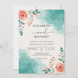 Teal Wash Floral Flourish Wedding Invitation