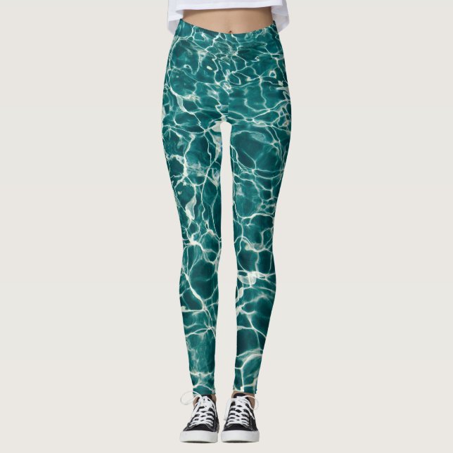 Teal Water Reflections Swimming Pool Pattern Leggings (Front)