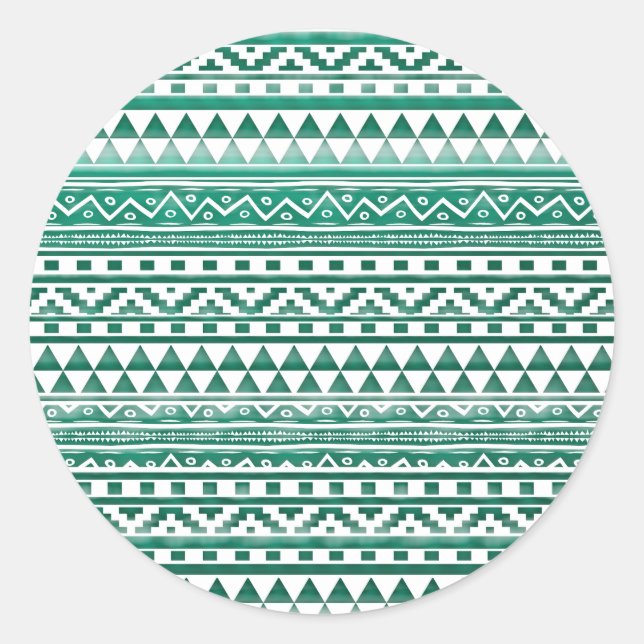 Teal Watercolor Abstract Aztec Tribal Print Pattrn Classic Round Sticker (Front)