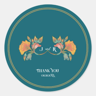 Teal Watercolor Art Nouveau Wedding Classic Round Sticker