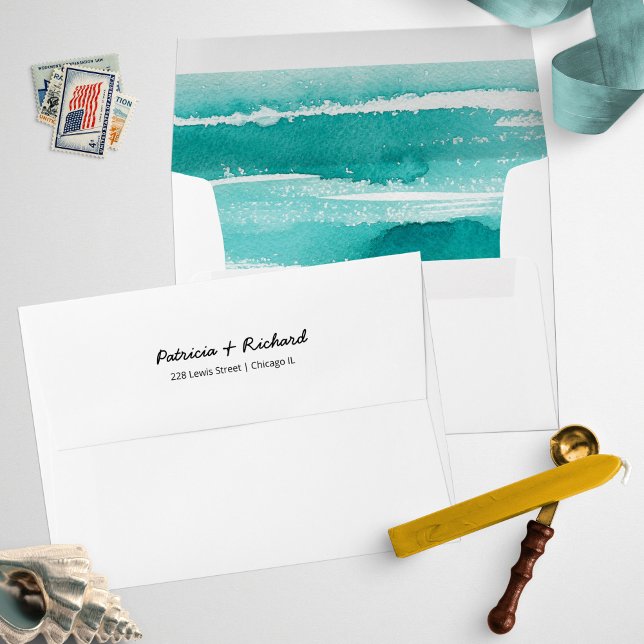 Teal Watercolor Beach Wedding Invitation Envelope (Creator Uploaded)