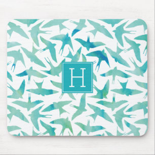Teal Watercolor Birds Pattern Mouse Mat