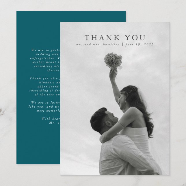 Teal Watercolor Botanical Greenery Wedding Thank You Card (Front/Back)
