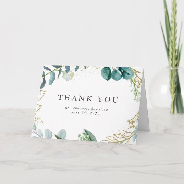 Teal Watercolor Botanical Greenery Wedding Thank You Card (Front)
