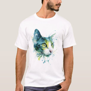Teal Watercolor Cat Face Abstract Art Poster. T-Shirt