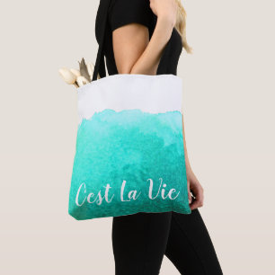 Teal watercolor C'est La Vie French quote chic Tote Bag