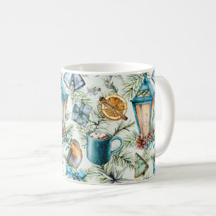 Teal Watercolor Christmas Elements Pattern Coffee Mug