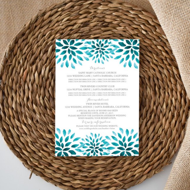 Teal Watercolor Chrysanthemum Information Card (Teal Watercolor Chrysanthemum Wedding Information Card)