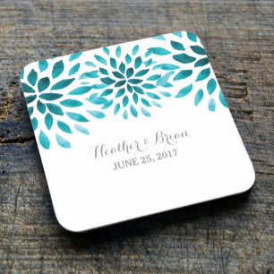 Teal Watercolor Chrysanthemum Paper Coasters