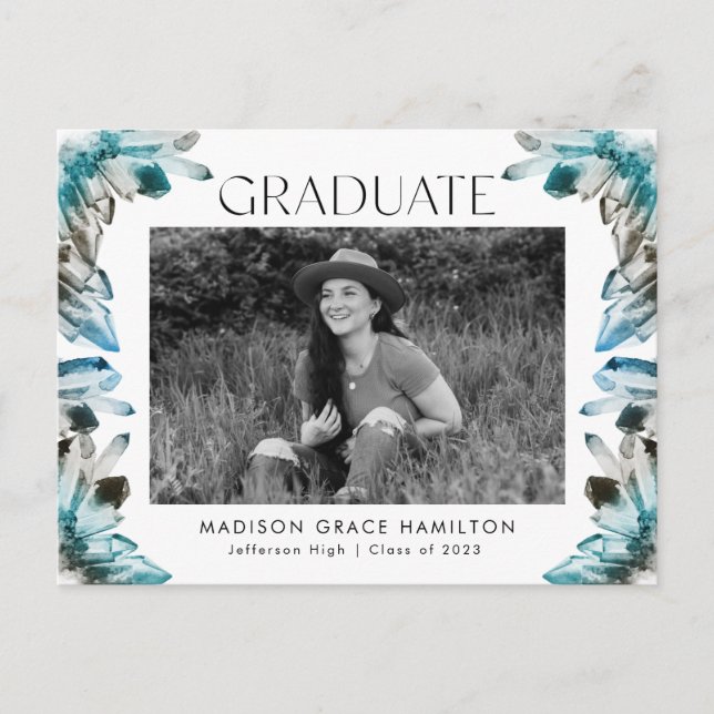 Teal Watercolor Crystal Photo Graduation Party Invitation Postcard (Front)