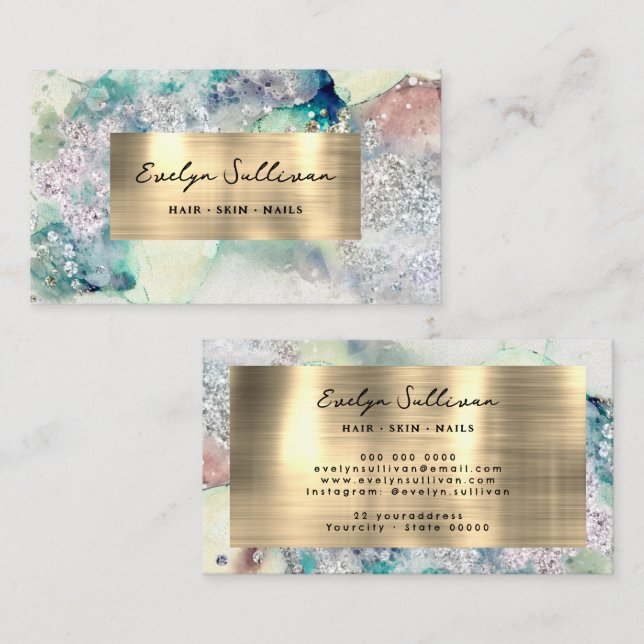 Teal watercolor faux gold foil business card (Front/Back)