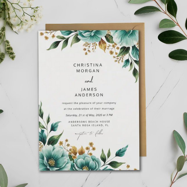 Teal Watercolor Floral Botanical Spring Wedding Invitation (Creator Uploaded)
