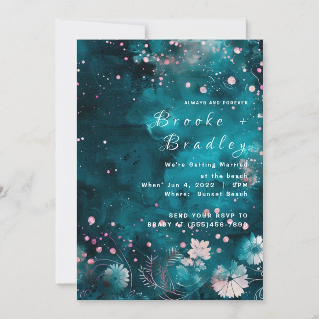 Teal Watercolor Floral Celestial Wedding Invitation (Front)