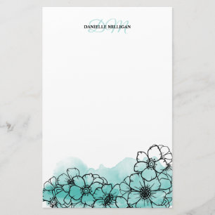 Teal Watercolor Floral Line Art Name Monogram Stationery