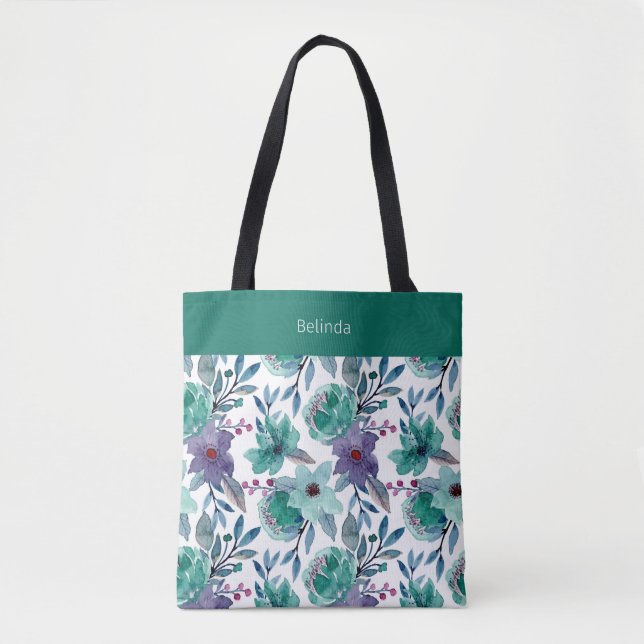 Teal Watercolor Floral Tote Bag (Front)