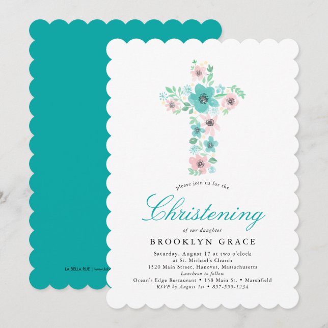 Teal Watercolor Flower Cross Baptism Invitation (Front/Back)