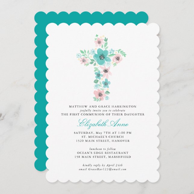 Teal Watercolor Flower Cross First Holy Communion Invitation (Front/Back)